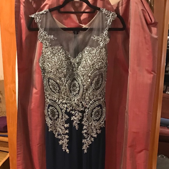 Navy Blue and Silver Prom Dress - Picture 3 of 4